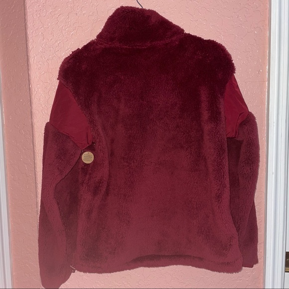 PINK Half Zip Teddy Sherpa Nylon Burgundy Jacket - Picture 5 of 7